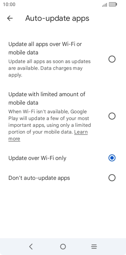 To turn on automatic update of apps using mobile network, press Update all apps over Wi-Fi or mobile data. To turn on automatic update of apps using mobile network, press Update all apps over Wi-Fi or mobile data.