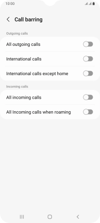 Press the required barring type to turn the function on or off.