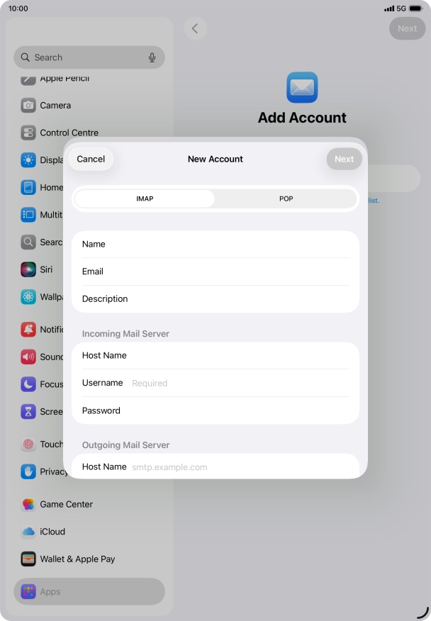 Press Username and key in the username for your email account.