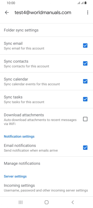 Press the fields next to the required data types to turn synchronisation on or off.