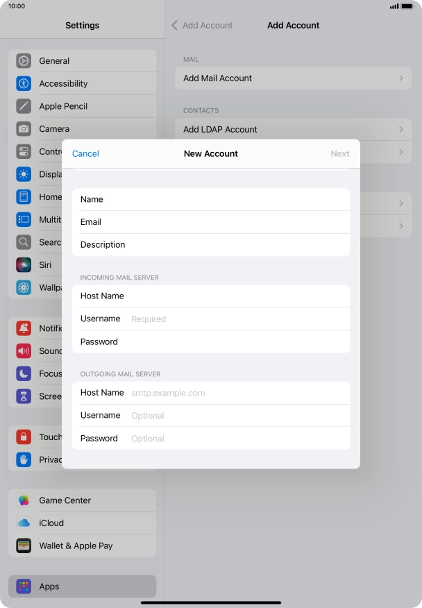 Press Username and key in the username for your email account.