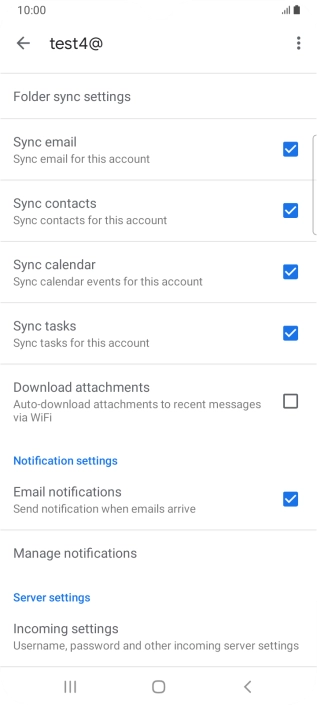 Press the fields next to the required data types to turn synchronisation on or off.