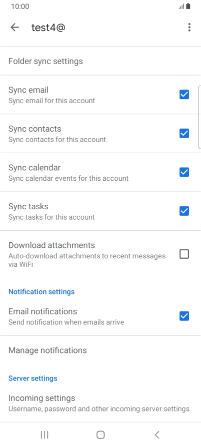 Press the fields next to the required data types to turn synchronisation on or off.