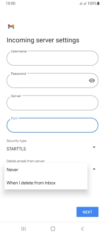 Press Never to keep email messages on the server when you delete them on your phone.