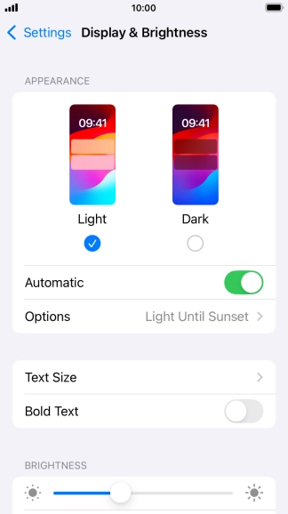If you turn on the function, press Options and follow the instructions on the screen to select the required period of time for Dark Mode.