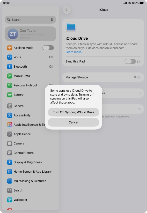 If you turn off the function, press Turn Off Syncing iCloud Drive. If you turn off the function, press Turn Off Syncing iCloud Drive.