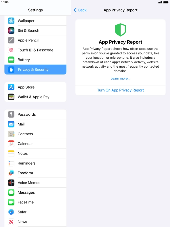 Press Turn On App Privacy Report to turn on the function.