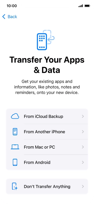 When this screen is displayed, your phone is ready to restore content from an iCloud backup.