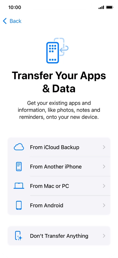 You can transfer content from an Android phone when your phone is activated for the first time and after a factory reset. When this screen is displayed, your phone is ready to transfer content from an Android phone. You can transfer content from an Android phone when your phone is activated for the first time and after a factory reset. When this screen is displayed, your phone is ready to transfer content from an Android phone.