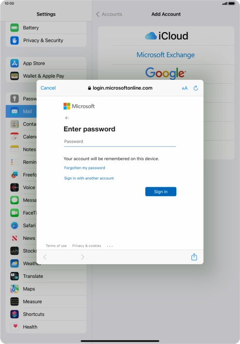 Press Password and key in the password for your email account.