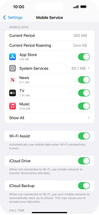 Press the indicators next to the required applications to turn the function on or off.