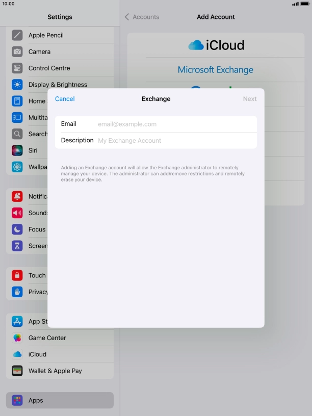 Press Email and key in your email address.