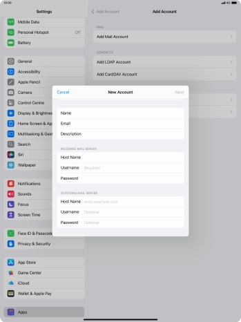 Press Username and key in the username for your email account.
