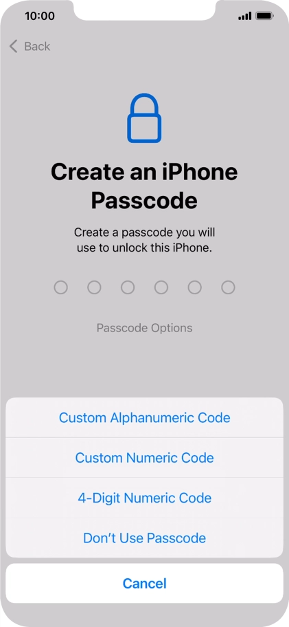 Follow the instructions on the screen to turn on use of phone lock code or press Don't Use Passcode.