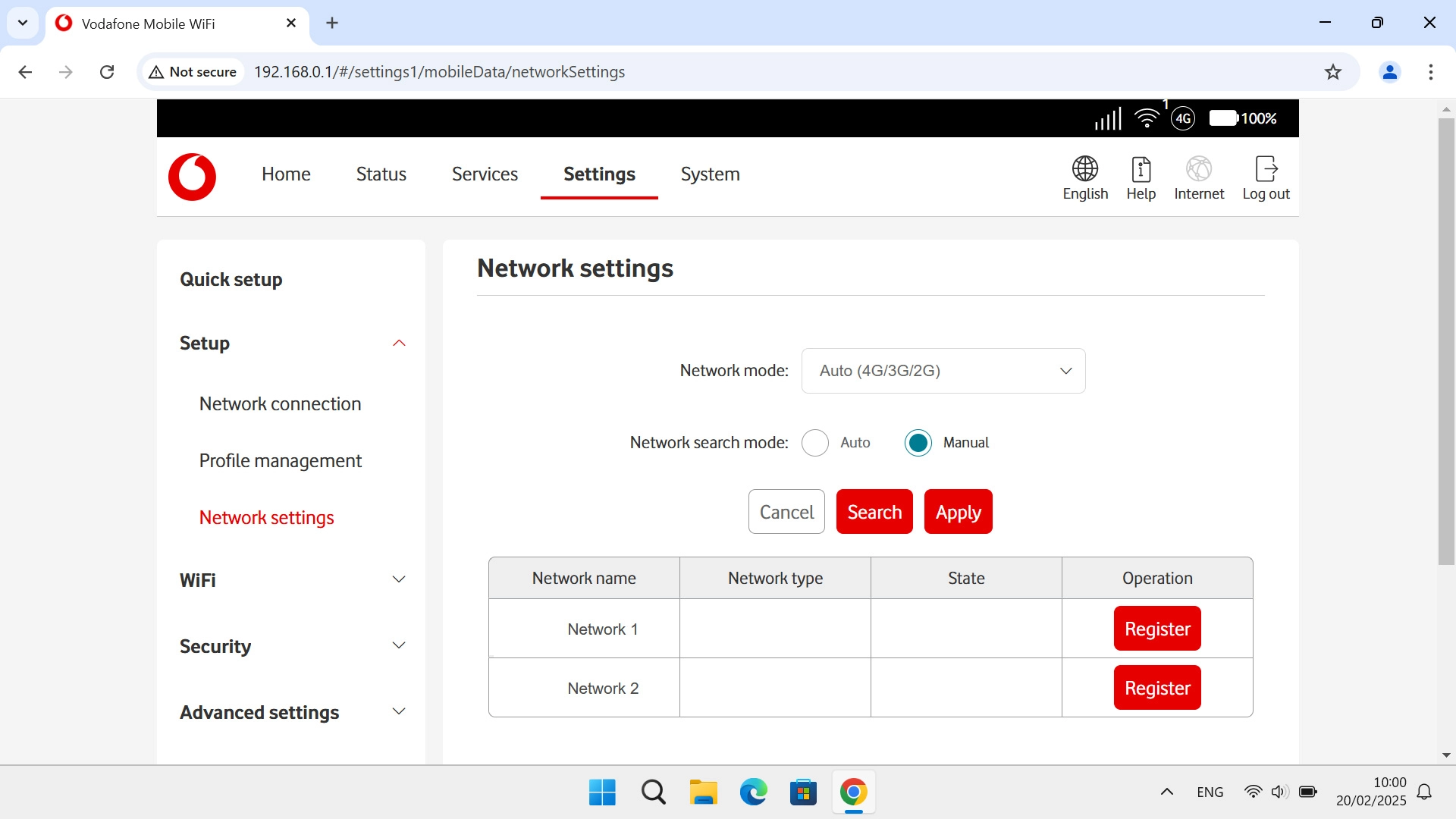Click Register next to the required network.
