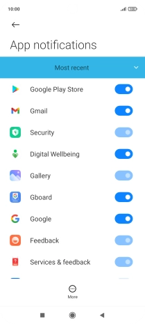 Press the indicator next to the required app to turn the function on or off. Press the indicator next to the required app to turn the function on or off.