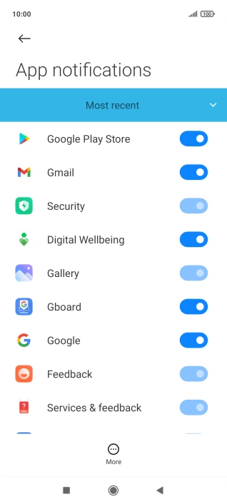 Press the indicator next to the required app to turn the function on or off. Press the indicator next to the required app to turn the function on or off.