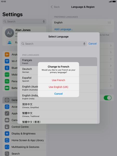 To select the new language as the default tablet language, press Use ‹language›.