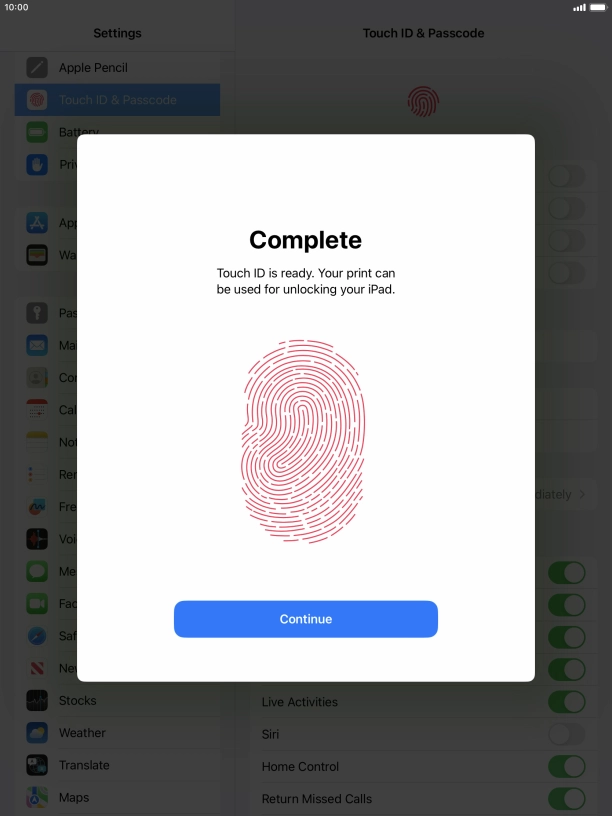 Press Continue. If you haven't previously selected a lock code, key in a code of your own choice twice.