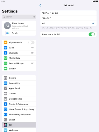 Press the required setting to turn the function on or off. If you turn on the function, you need to follow the instructions on the screen to set up Siri to recognise your voice.