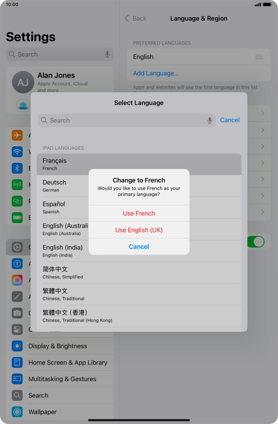 To select the new language as the default tablet language, press Use ‹language›. To select the new language as the default tablet language, press Use ‹language›.