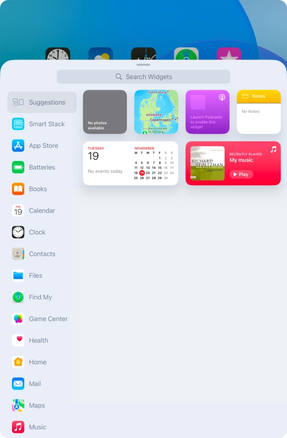 Press the required widget. Press the required widget.