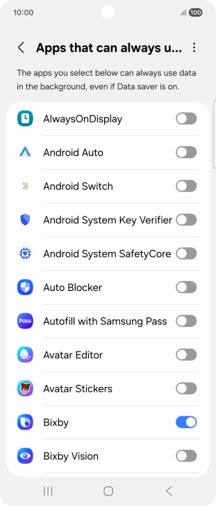 Press the indicators next to the required apps to turn the function on or off. Press the indicators next to the required apps to turn the function on or off.