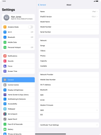 Your tablet's software version is displayed next to iPadOS Version.