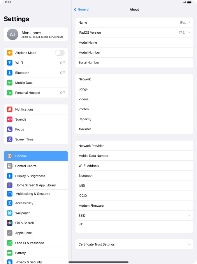 Your tablet's software version is displayed next to iPadOS Version.