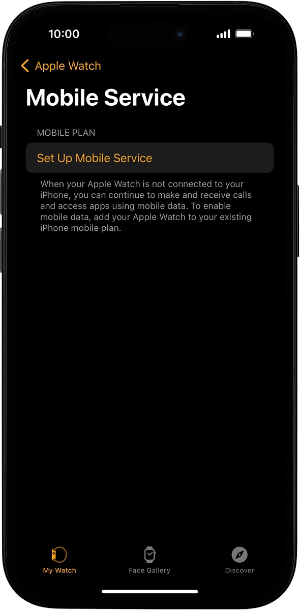 On your phone: If you've bought your Apple Watch elsewhere than from Vodafone, press Set Up Mobile Service and follow the instructions on the screen to set up mobile data.