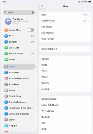 Your tablet's software version is displayed next to iPadOS Version.