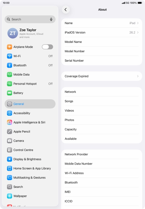 Your tablet's software version is displayed next to iPadOS Version.