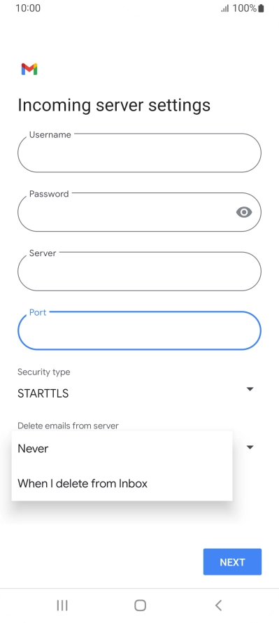Press Never to keep email messages on the server when you delete them on your phone.