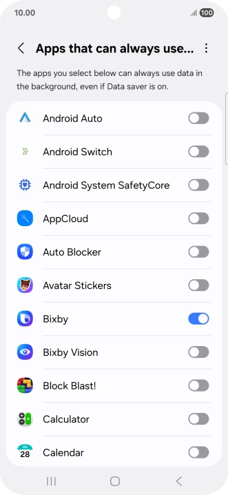 Press the indicators next to the required apps to turn the function on or off.