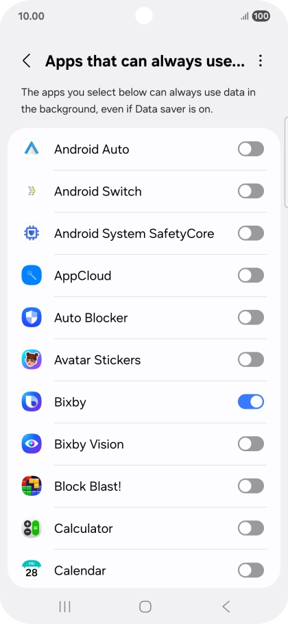Press the indicators next to the required apps to turn the function on or off.