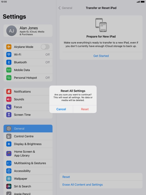 Press Reset. Wait a moment while the factory default settings are restored. Follow the instructions on the screen to set up your tablet and prepare it for use.