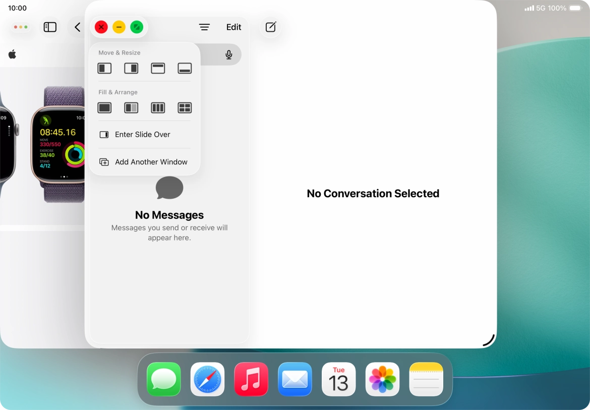 Press the required setting to place the application window on the opposite side of the screen from the first application window.