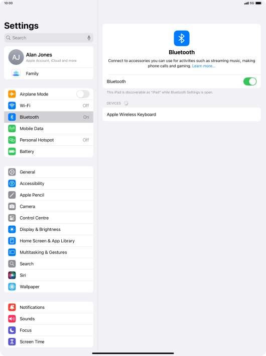 Press the required Bluetooth device and follow the instructions on the screen to pair the device with your tablet.