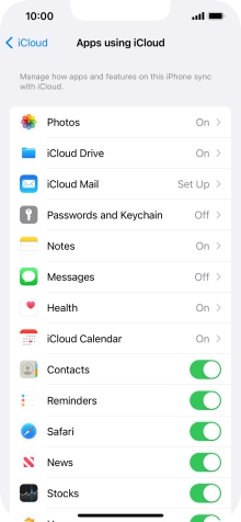 Press the indicators next to the required data types to turn synchronisation of each data type on or off. Press the indicators next to the required data types to turn synchronisation of each data type on or off.