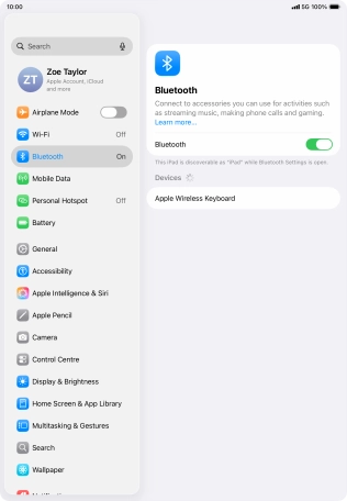 Press the required Bluetooth device and follow the instructions on the screen to pair the device with your tablet. Press the required Bluetooth device and follow the instructions on the screen to pair the device with your tablet.