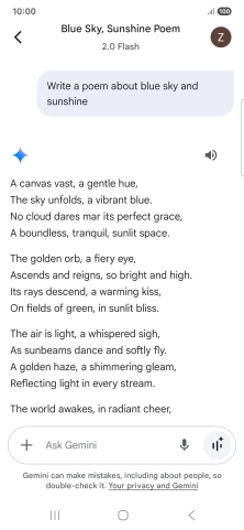 You can ask Gemini to generate a text based on your description. You can ask Gemini to generate a text based on your description.