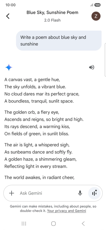 You can ask Gemini to generate a text based on your description. You can ask Gemini to generate a text based on your description.