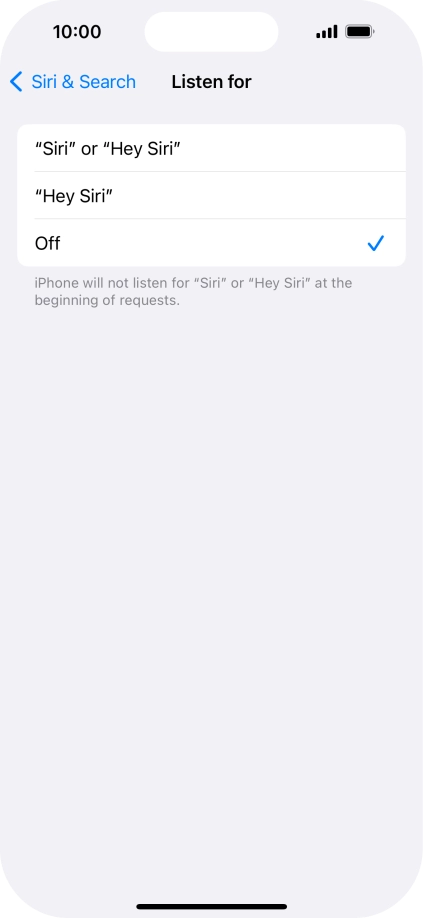 Press the required setting to turn the function on or off. If you turn on the function, you need to follow the instructions on the screen to set up Siri to recognise your voice. Press the required setting to turn the function on or off. If you turn on the function, you need to follow the instructions on the screen to set up Siri to recognise your voice.