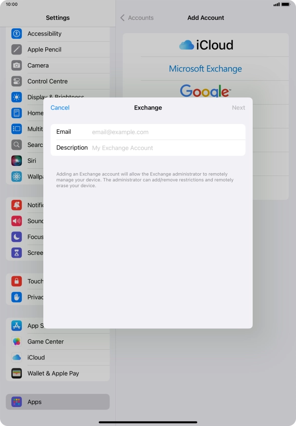 Press Email and key in your email address.