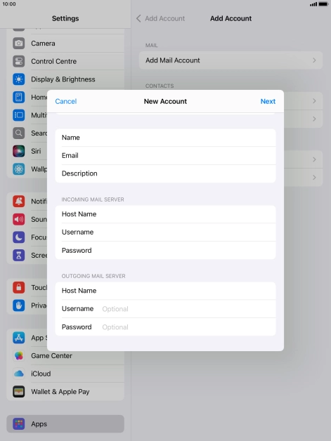 Press Username and key in the username for your email account.