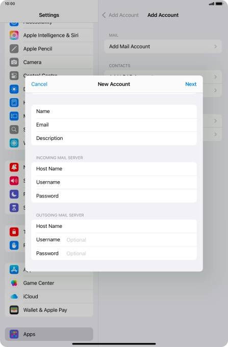 Press Username and key in the username for your email account.