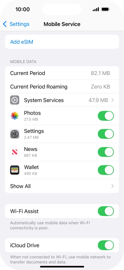 Press the indicators next to the required applications to turn the function on or off.