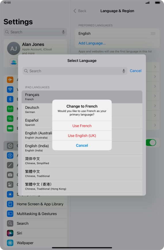 To select the new language as the default tablet language, press Use ‹language›. To select the new language as the default tablet language, press Use ‹language›.