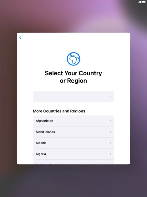 Press the required country or area. Press the required country or area.
