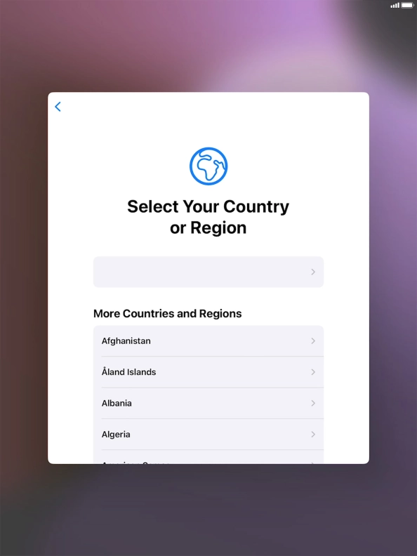 Press the required country or area. Press the required country or area.